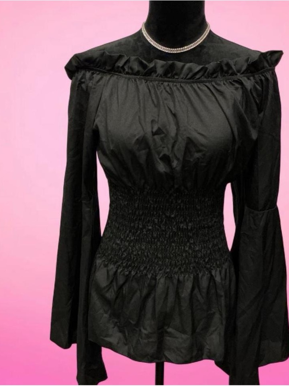 🖤Black Ruffled Off-Shoulder Smocked-Waist Blouse Bell Sleeves